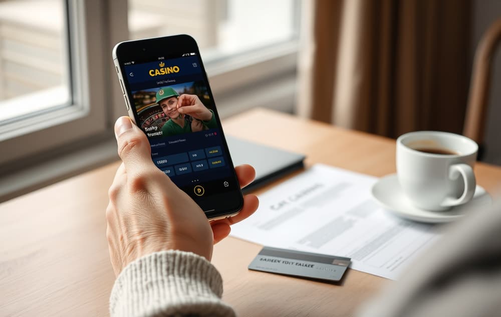 Norsk spiller som gjør bankoverføring på mobilen ved et casino