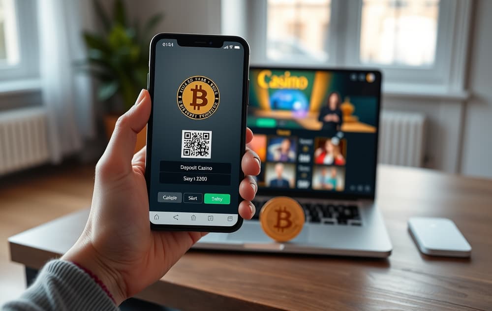 Person som setter inn Bitcoin på casino via mobil, med QR-kode og bitcoin-mynt synlig.