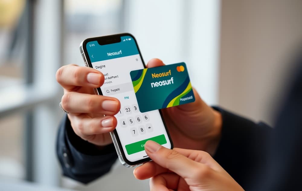 Bilde av en person som holder en Neosurf-kupong og mobiltelefon med casinoinnskuddsside.
