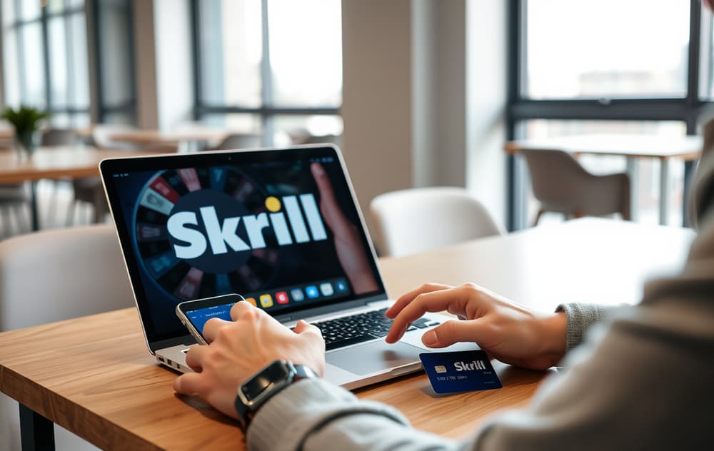 Person som bruker Skrill på mobil og laptop for casino-betaling