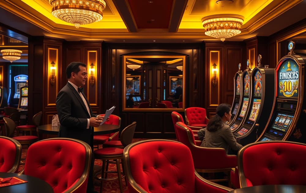 Elegant VIP casino-lounge med personlig vert og spilleautomat, myk belysning og røde fløyelsstoler.