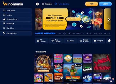 Wino Casino mobilvisning med gratis casino spinn og spill