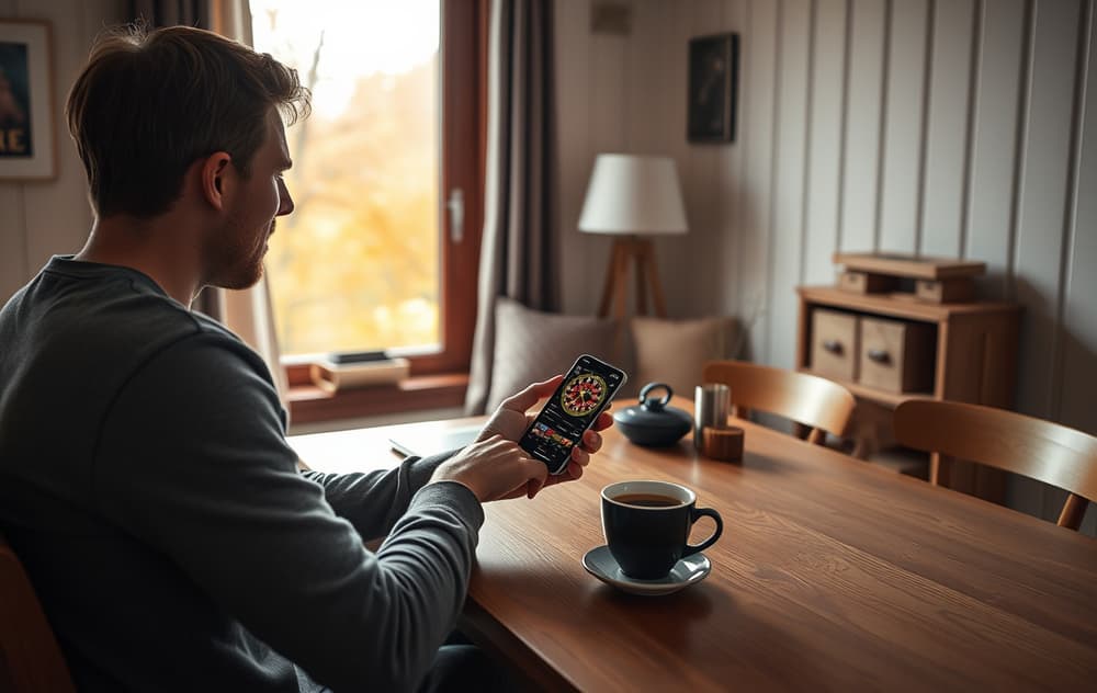 Person med mobiltelefon og kopp kaffe, norsk stue