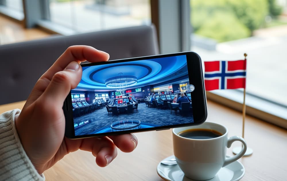 Person som ser på mobil med casinolobby og norsk flagg