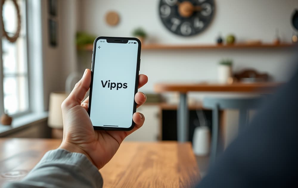 Hånd som holder mobil med Vipps-appen åpen
