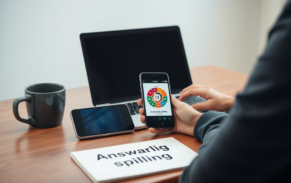 Person med laptop og mobiltelefon som viser verktøy for ansvarlig spilling, med notatblokk og kaffekopp.