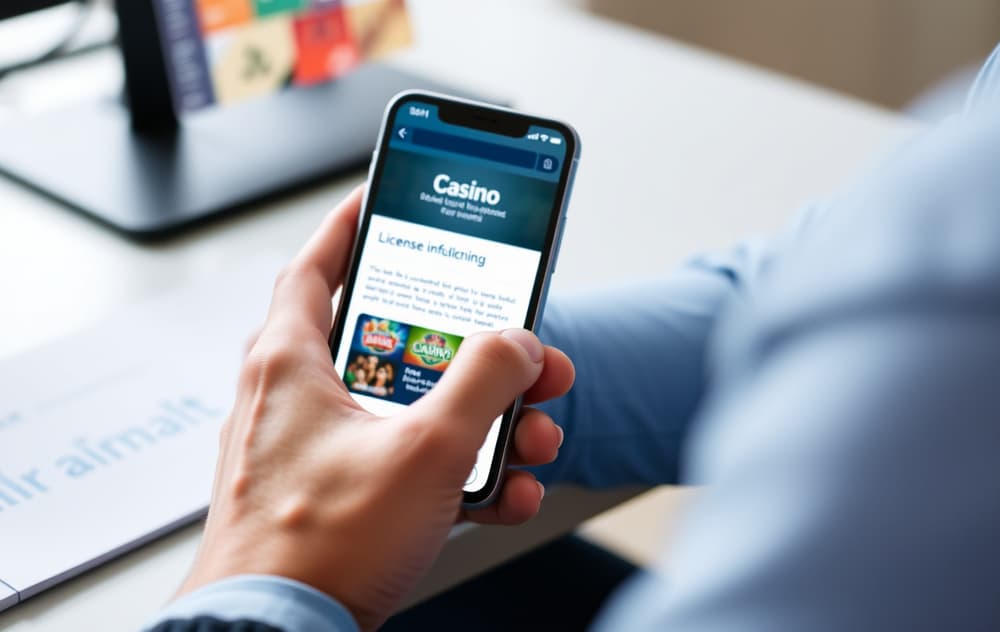 Person som sjekker lisensinformasjon nederst på et casino-nettsted på mobilen.