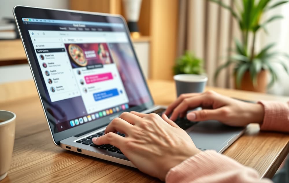 Hender som skriver på laptop med kaffekopp og mobiltelefon som viser live chat for casino kundeservice