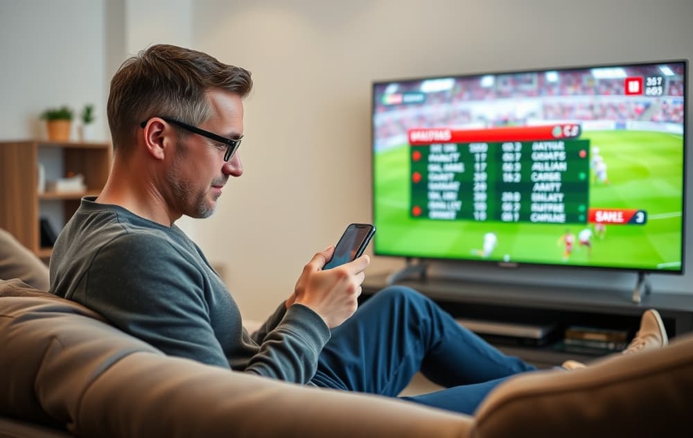 En person som sjekker odds på mobilen i stua, med sport på TV-en i bakgrunnen.