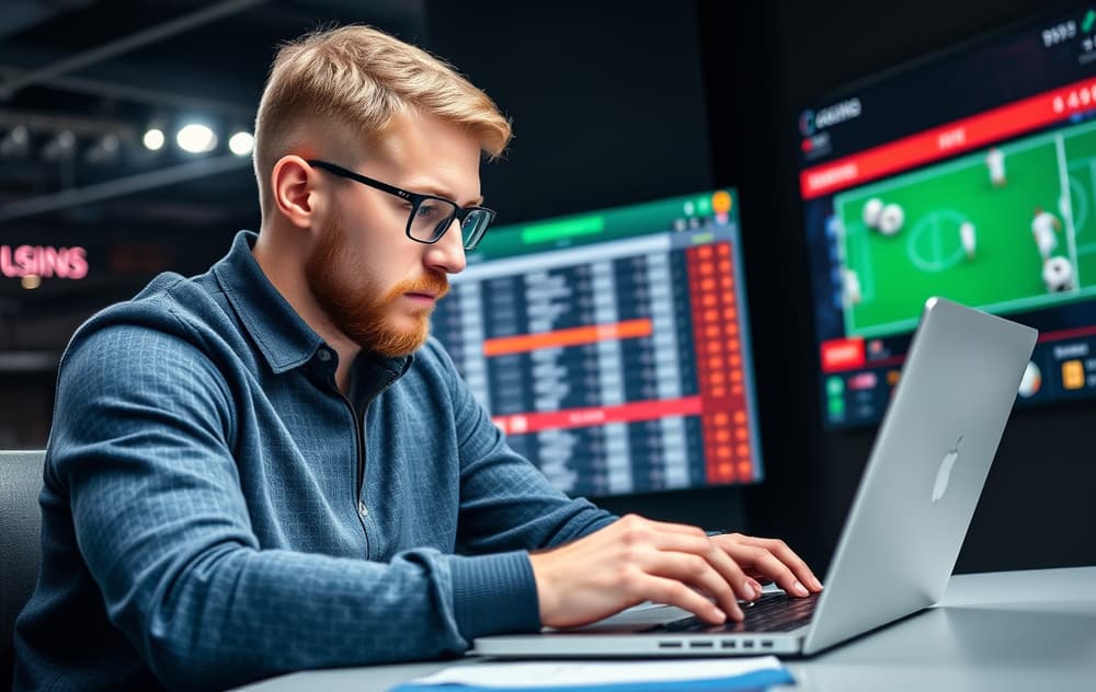 Mann som analyserer odds på laptop med fotball og casino i bakgrunnen.