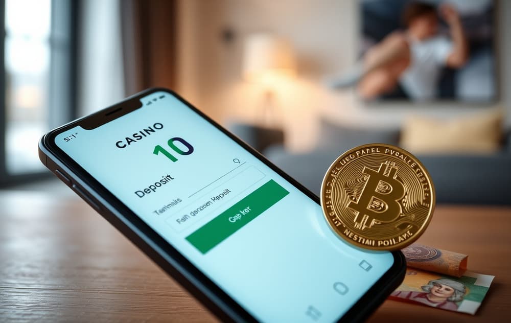 Smarttelefon med casino-innskuddsside som viser 10 kr minimum, med norsk seddel og Bitcoin-mynt ved siden av.