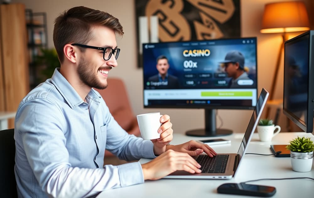 Norsk spiller som ser på en casino-side med omsetningsfri bonus på skjermen