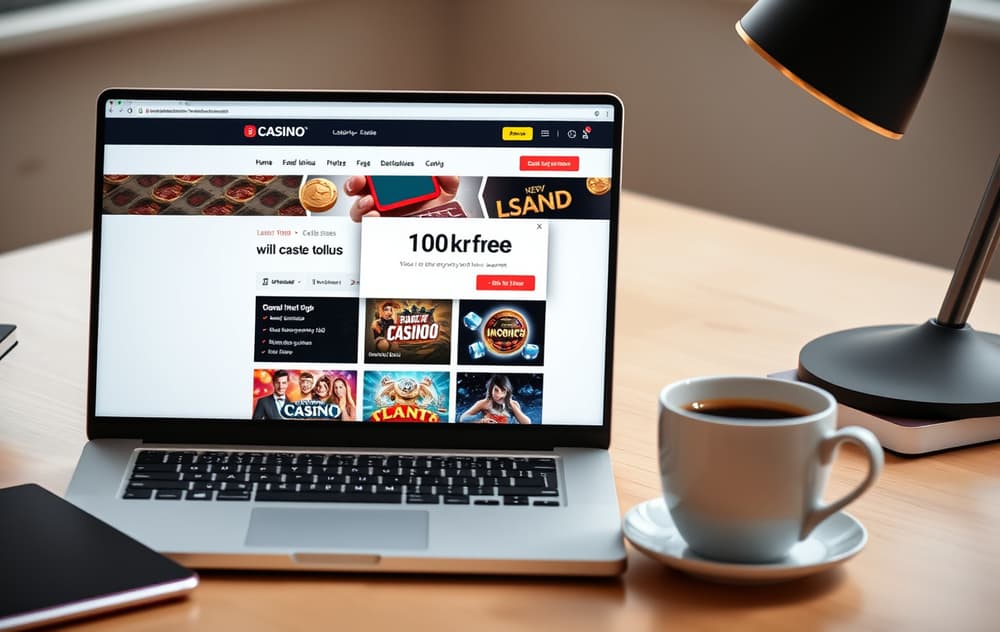 Laptop med gratis casino-bonus på skjermen og kaffekopp på bordet.