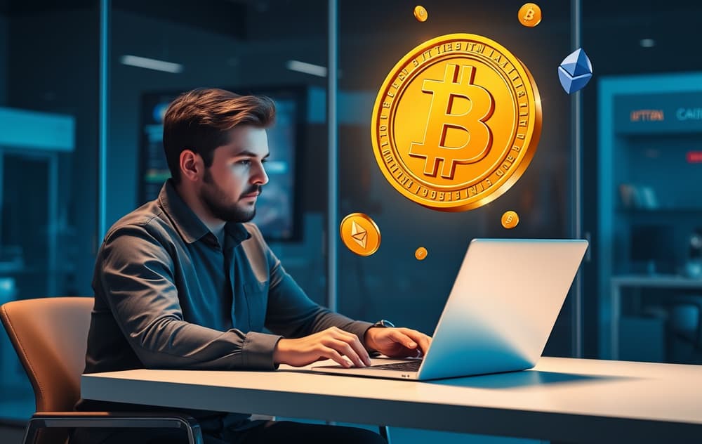 Norsk spiller ved datamaskin med kryptocasino og kryptovaluta-symboler