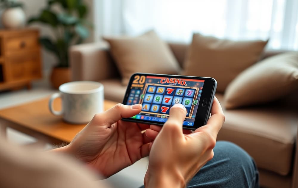 Person som spiller spilleautomater på mobiltelefon i en stue