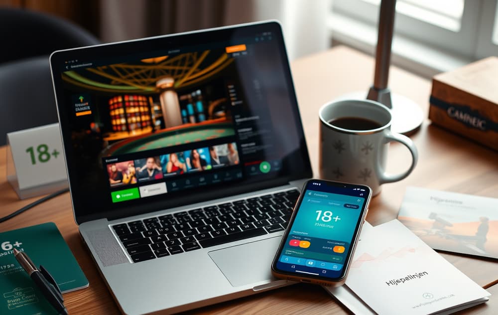 En arbeidsstasjon med laptop som viser et nettkasino, kaffekopp, mobiltelefon og ansvarlig spilling-materiell.