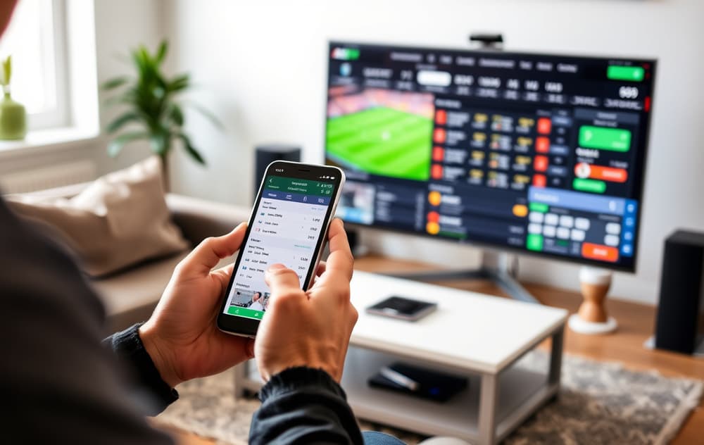 En person sammenligner odds på en bettingside via mobil og PC