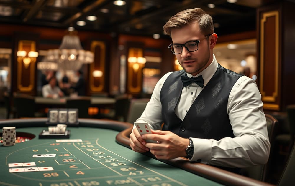 Live baccarat-bord med dealer og kort.