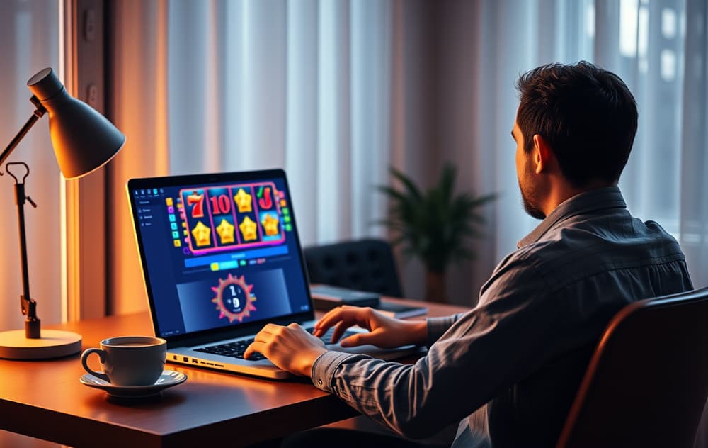 En person spiller gratis spilleautomater på en laptop i et hjemmekontor