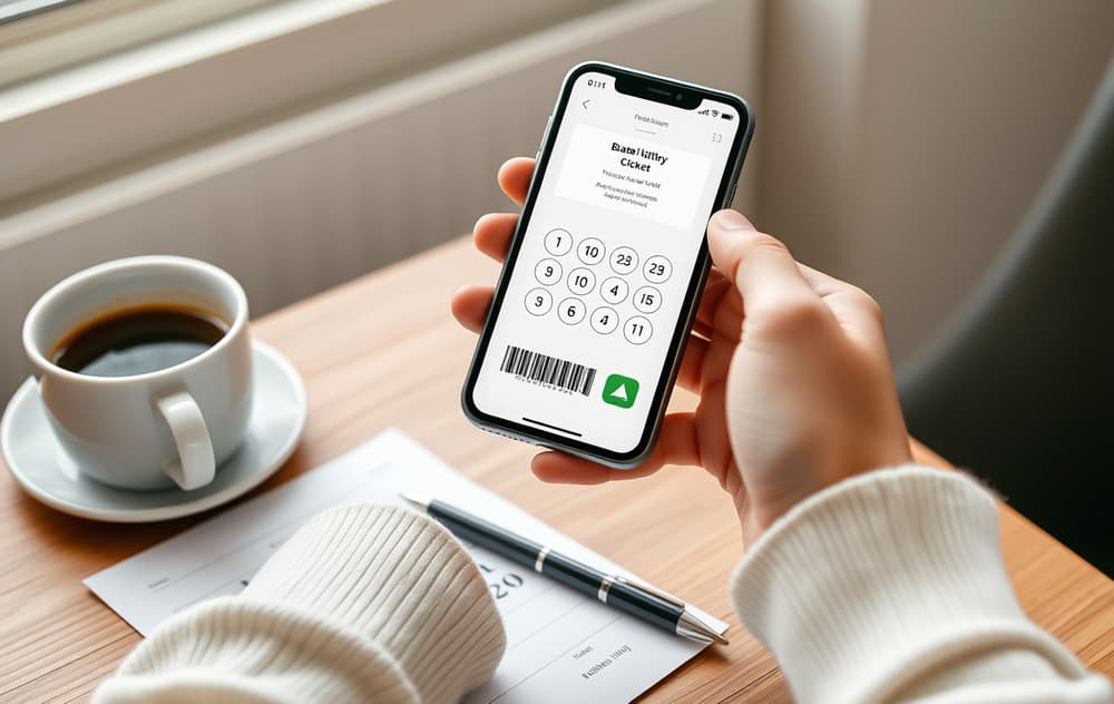 Person som spiller lotto på mobilen med kaffekopp på bordet